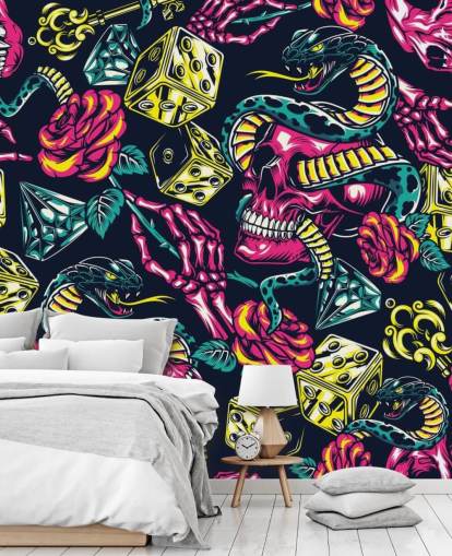 papel pintado de calavera, dados y serpiente rosa, amarillo y verde papel pintado de calavera, dados y serpiente rosa, amarillo y verde