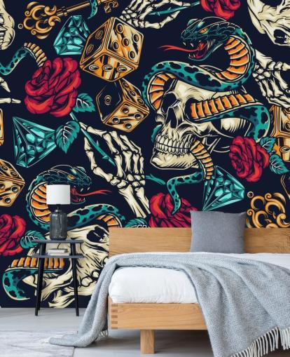 Totenköpfe, Schlangen, Würfel und Rosen Tattoo-Tapete