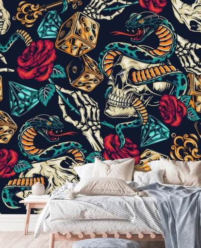 papel pintado de tatuajes de calaveras, serpientes, dados y rosas