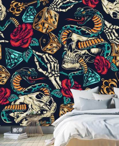 schedels, slangen, dobbelstenen en rozen tattoo behang schedels, slangen, dobbelstenen en rozen tattoo behang