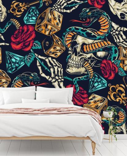 skulls, snakes, dice and roses tattoo wallpaper