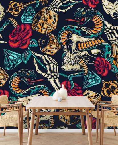 papel pintado de tatuajes de calaveras, serpientes, dados y rosas papel pintado de tatuajes de calaveras, serpientes, dados y rosas