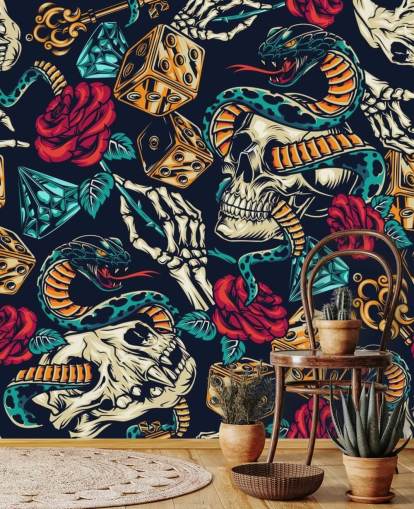 papel pintado de tatuajes de calaveras, serpientes, dados y rosas