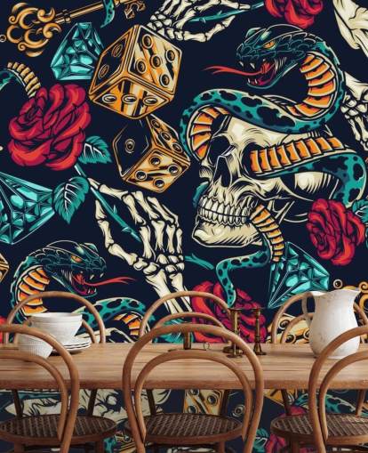 papel de parede de tatuagem de crânios, cobras, dados e rosas