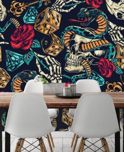 papel pintado de tatuajes de calaveras, serpientes, dados y rosas papel pintado de tatuajes de calaveras, serpientes, dados y rosas