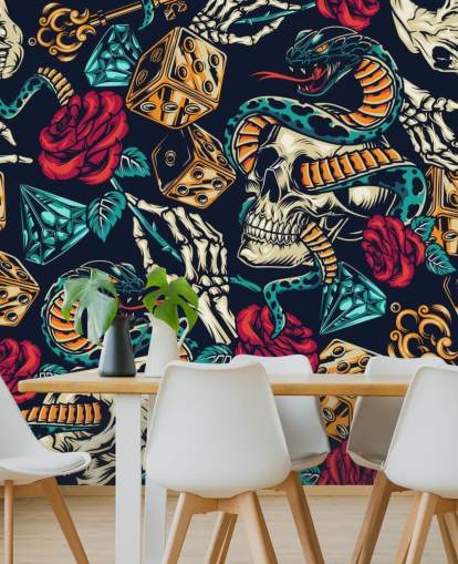 schedels, slangen, dobbelstenen en rozen tattoo behang