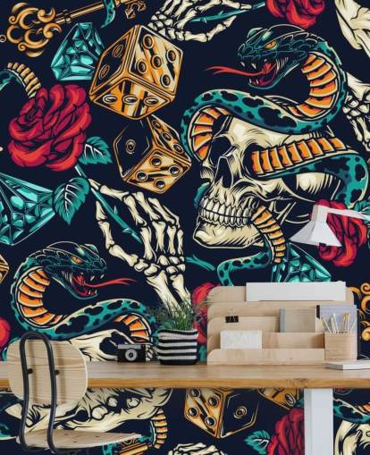 skulls, snakes, dice and roses tattoo wallpaper