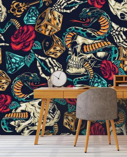 papel pintado de tatuajes de calaveras, serpientes, dados y rosas