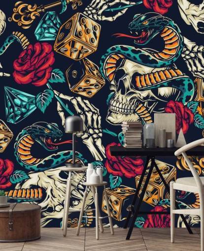 papel pintado de tatuajes de calaveras, serpientes, dados y rosas