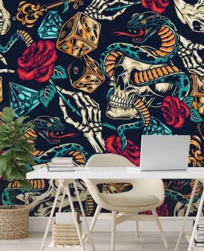 skulls, snakes, dice and roses tattoo wallpaper