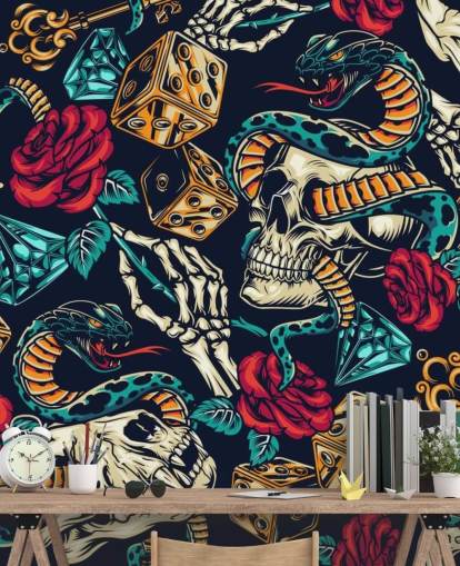 papier peint tatouage crânes, serpents, dés et roses