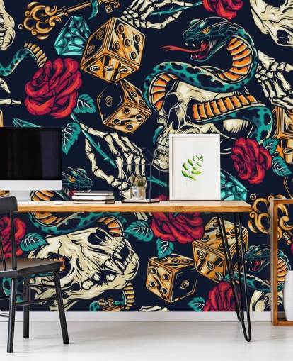 skulls, snakes, dice and roses tattoo wallpaper