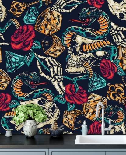 papel pintado de tatuajes de calaveras, serpientes, dados y rosas