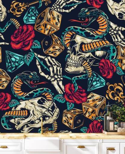 papel pintado de tatuajes de calaveras, serpientes, dados y rosas