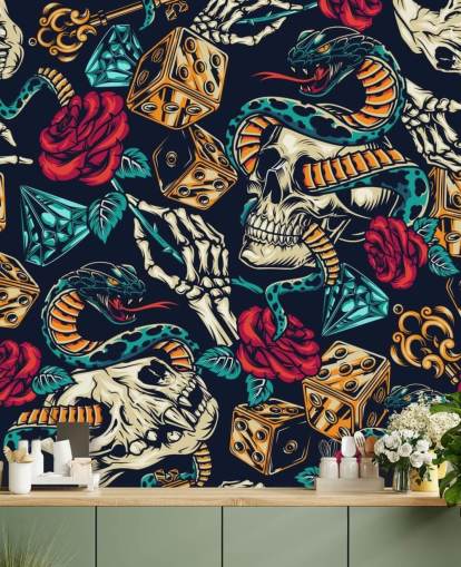 schedels, slangen, dobbelstenen en rozen tattoo behang
