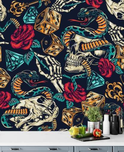 skulls, snakes, dice and roses tattoo wallpaper