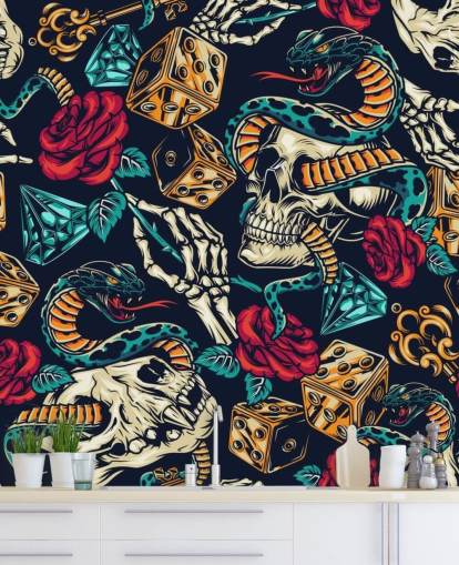 papel pintado de tatuajes de calaveras, serpientes, dados y rosas papel pintado de tatuajes de calaveras, serpientes, dados y rosas