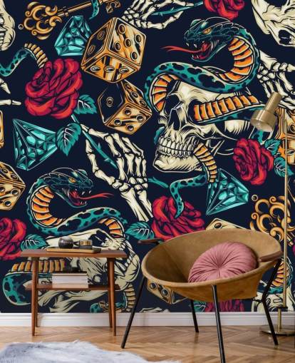 skulls, snakes, dice and roses tattoo wallpaper