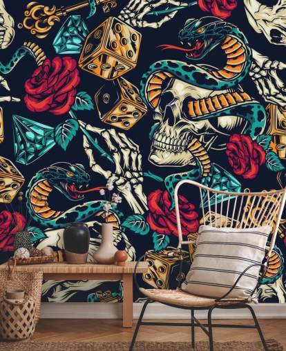 papel pintado de tatuajes de calaveras, serpientes, dados y rosas papel pintado de tatuajes de calaveras, serpientes, dados y rosas