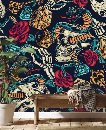 skulls, snakes, dice and roses tattoo wallpaper