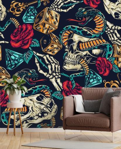 schedels, slangen, dobbelstenen en rozen tattoo behang