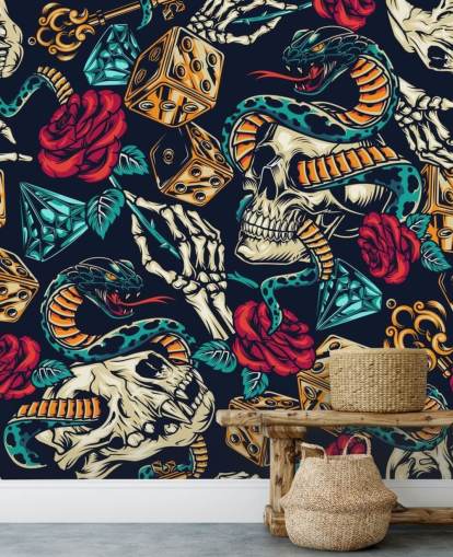 papel pintado de tatuajes de calaveras, serpientes, dados y rosas papel pintado de tatuajes de calaveras, serpientes, dados y rosas