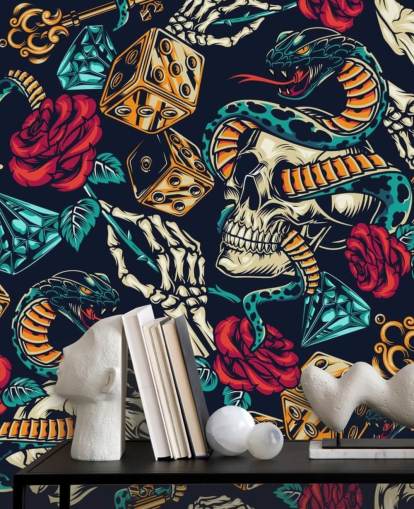 skulls, snakes, dice and roses tattoo wallpaper