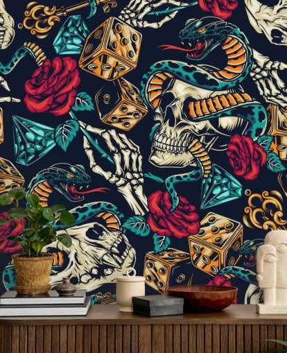papel pintado de tatuajes de calaveras, serpientes, dados y rosas