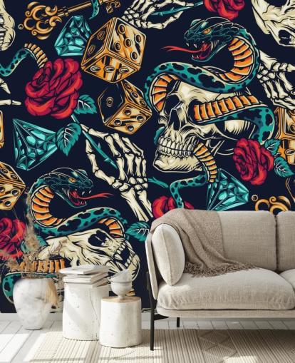 papel pintado de tatuajes de calaveras, serpientes, dados y rosas
