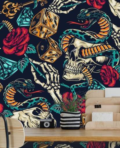 papel pintado de tatuajes de calaveras, serpientes, dados y rosas