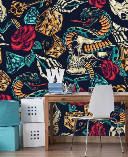 papel de parede de tatuagem de crânios, cobras, dados e rosas