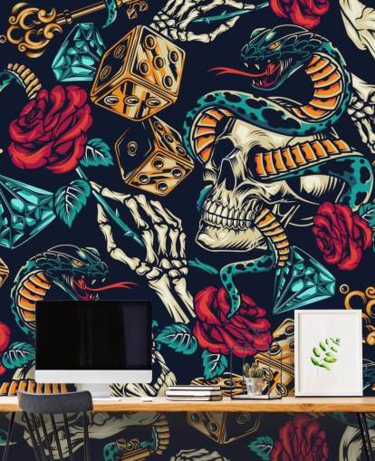 papier peint tatouage crânes, serpents, dés et roses papier peint tatouage crânes, serpents, dés et roses