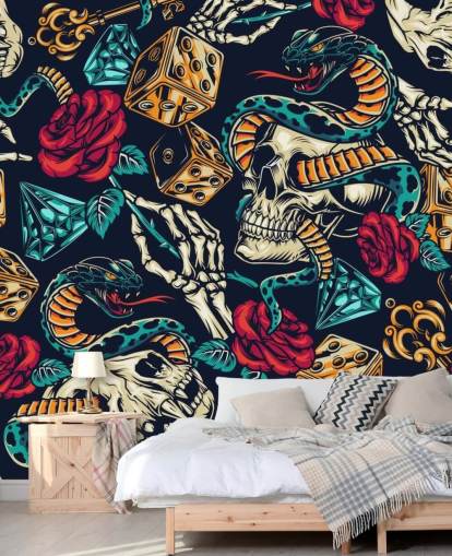 skulls, snakes, dice and roses tattoo wallpaper skulls, snakes, dice and roses tattoo wallpaper