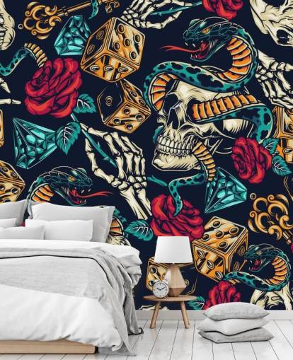 schedels, slangen, dobbelstenen en rozen tattoo behang schedels, slangen, dobbelstenen en rozen tattoo behang