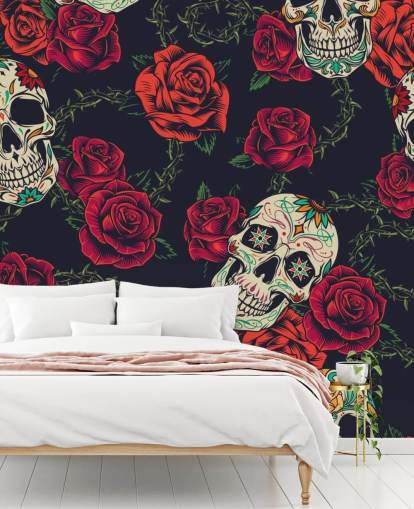 papel pintado rosa oscuro y calavera