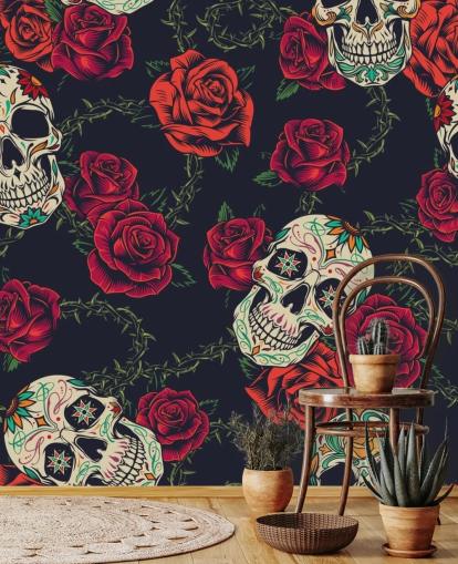dunkle Rose und Totenkopf Tapete