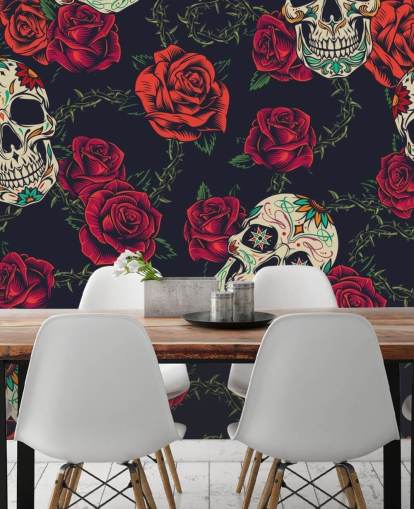 papel de parede rosa escura e crânio