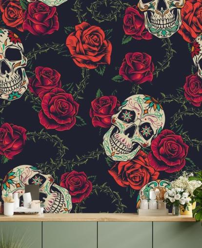 dunkle Rose und Totenkopf Tapete
