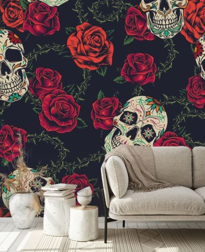 papel pintado rosa oscuro y calavera