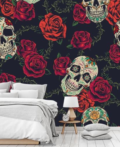 papel de parede rosa escura e crânio