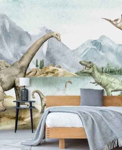 fondo de pantalla de ilustración de dinosaurios junto al lago