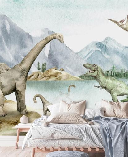 dinosaurs by lake illustration wallpaper