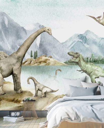 Illustrationstapete mit Dinosauriern am See Illustrationstapete mit Dinosauriern am See