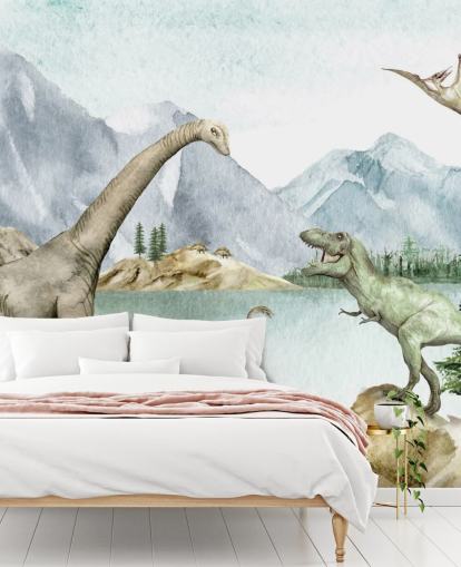 fondo de pantalla de ilustración de dinosaurios junto al lago