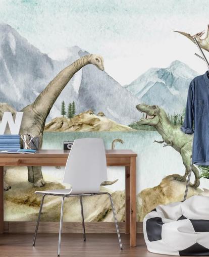 dinosaurs by lake illustration wallpaper