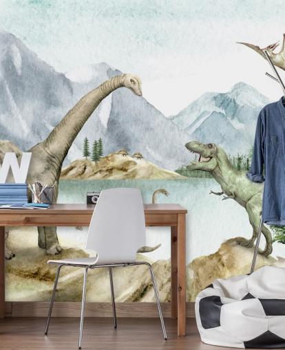 dinosaurer ved søen illustration tapet dinosaurer ved søen illustration tapet