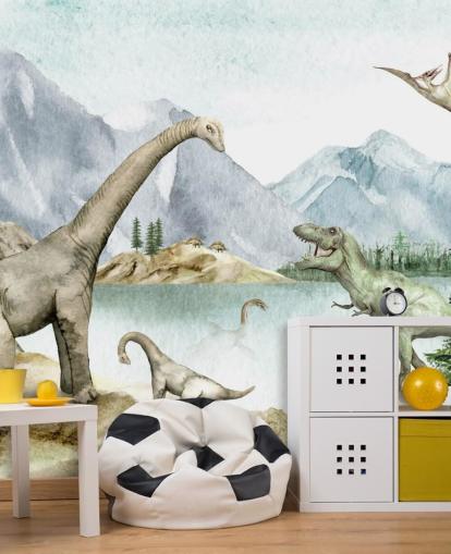 papel de parede de ilustração de dinossauros à beira do lago