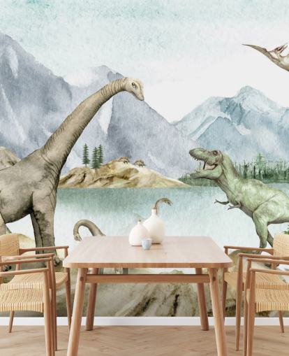 dinosaurs by lake illustration wallpaper