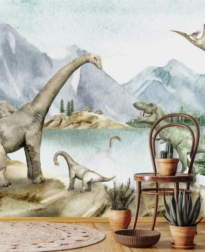 dinosaurs by lake illustration wallpaper