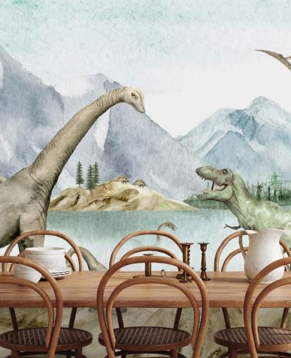 papel de parede de ilustração de dinossauros à beira do lago